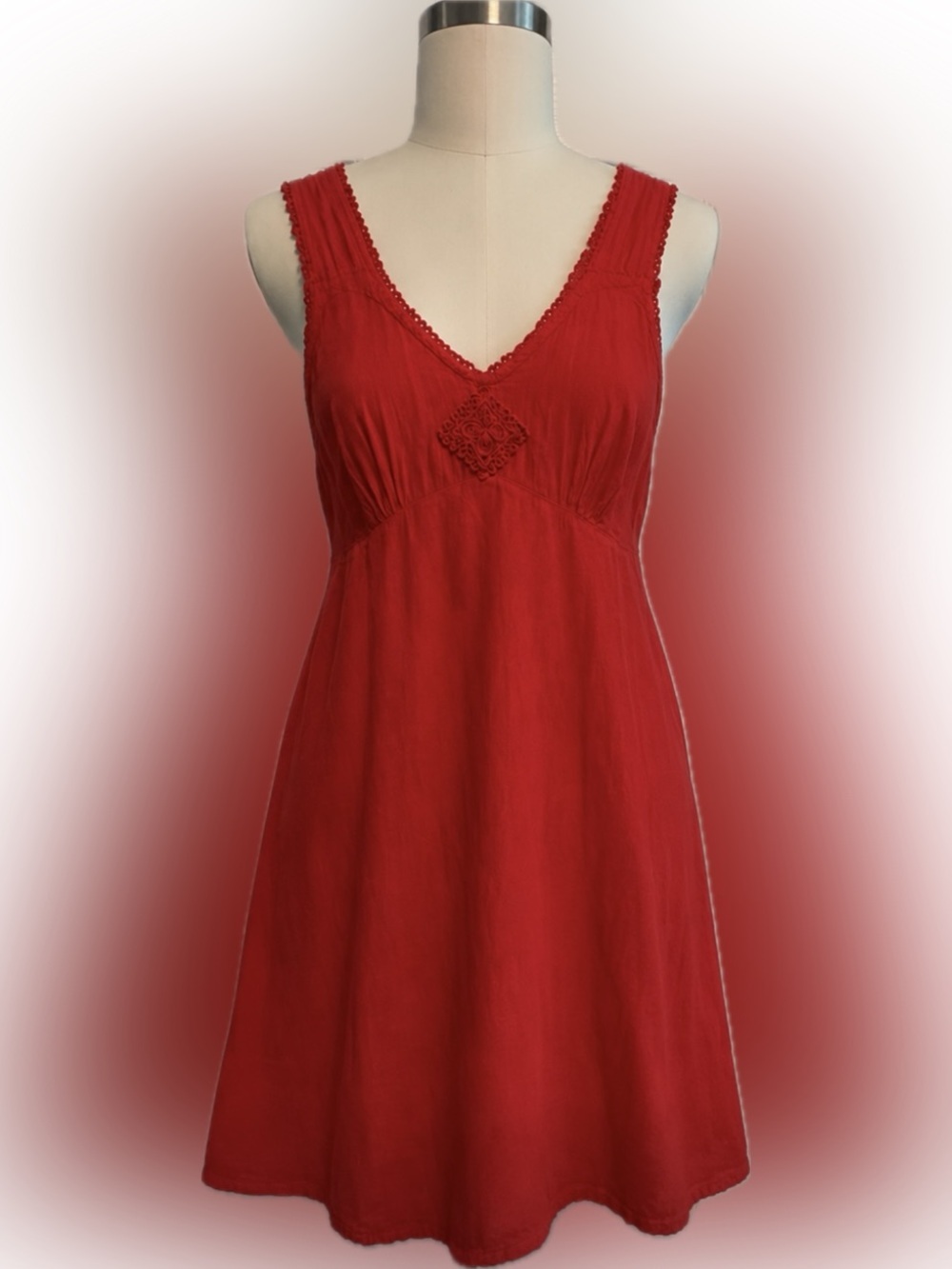 Red Sleeveless V-Neck Cotton Mini Dress with Crochet Detail